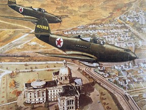 Artist Jim Bruce painted this picture of Ameriocan-built  P39  Cobra aircraft with Russiand markings over the Alberta Legislature during the Second World War when Edmonton became an integral part of the British-American lend-lease program that send aircraft to Russia to help defeat the German invasion.