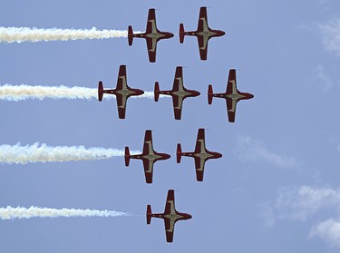 The Canadian Forces Snowbirds aerobatic team flies over Edmonton on May 15, 2020. They are on a cross-Canada mission dubbed Operation Inspiration to salute Canadians doing their part to fight the spread of COVID-19.