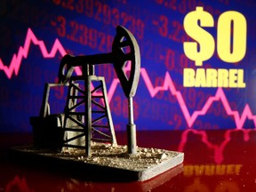A 3D-printed oil pump jack is seen in front of a displayed stock graph and "$0 Barrel" words in this illustration picture, April 20, 2020.