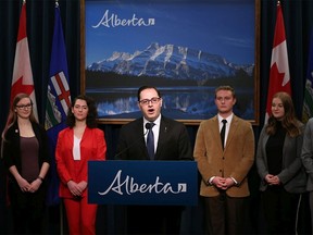 Advanced Education Minister Demetrios Nicolaides announces a new outcome-based funding model for the province's post-secondary institutions during a press conference in Calgary on Monday, January 20, 2020. Various student leaders were on the stage behind the minister. Gavin Young/Postmedia ORG XMIT: POS2001201136200944