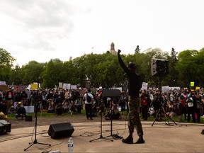 ME Lazerte teacher Andrew Parker speaks his truth in front of thousands of demonstrators during the A Fight for Equity rally at the Alberta Legislature in Edmonton, on Friday, June 5, 2020. Photo by Ian Kucerak/Postmedia