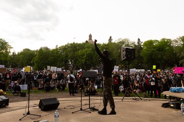 ME Lazerte teacher Andrew Parker speaks his truth in front of thousands of demonstrators during the A Fight for Equity rally at the Alberta Legislature in Edmonton, on Friday, June 5, 2020. Photo by Ian Kucerak/Postmedia