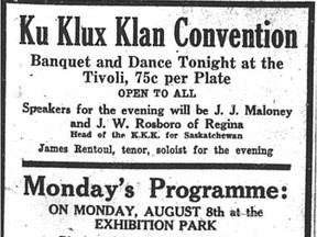 An advertisement found on page 13 of the Aug. 6, 1932 Edmonton Journal promotes a Ku Klux Klan rally at the city's Exhibition Grounds.