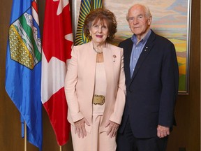 Alberta Lt.-Gov. Lois Mitchell and husband Doug Mitchell pose at McDougall Centre in downtown Calgary on Sept. 25, 2019.