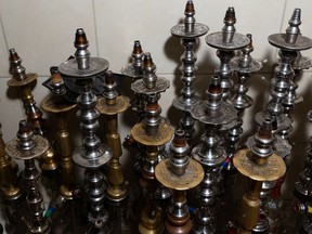 Hookahs are seen lined up in the back of Mazati Mediterranean Cuisine at 16745 91 Street in Edmonton, on Saturday, June 13, 2020. Edmonton's ban on shisha and hookah lounges and the impact of the COVID-19 pandemic has severely impacted shisha lounges.