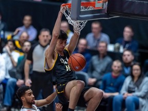 Dalhousie University forward Sascha Kappos dunks the ball against the Carleton Ravens on the U-Sports national championship final at The Arena at TD Place in Ottawa, Ont., on March 8, 2020.