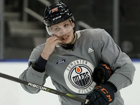 Edmonton Oilers defenceman Matt Benning attends team practice in Edmonton on Feb. 28, 2020.