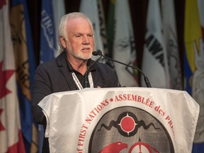 Assembly of First Nations New Brunswick and Prince Edward Island regional chief Roger Augustine address the crowd during the conclusion of the AFN's Annual General Assembly in Fredericton, N.B., Thursday, July 25, 2019.