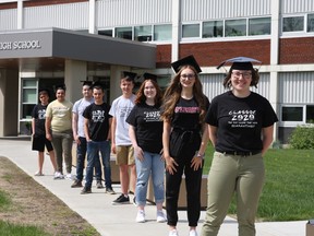 This group of 2020 graduates from Edmonton's Archbishop O'Leary Catholic High School has attended classes together since kindergarten or playschool. From left, back to front: Steven Loconte, Marcos Rodrigeuz, Garrett Biasini, Lucas Samson, Kian Merkosky, Sarah Urschatz, Emma Sidorchuk and Christine Kuntscher.