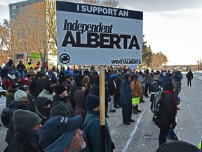 Alberta separatists rally outside the Alberta legislature in Edmonton on Jan. 11, 2020.
