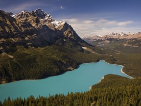 Majestic glacier-fed Peyto Lake in the Rocky Mountains, Banff National Park, Alberta, Canada.