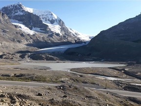 The Athabasca Glacier is one of six glaciers that form the Columbia Icefield, located 100 kilometres south of Jasper.