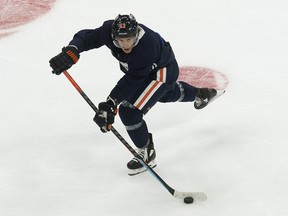 Tyler Ennis (63) makes a pass during the first day of the Edmonton Oilers training camp for the 2019-20 NHL return to play at Rogers Place on July 13, 2020.