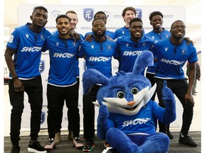 Players introduce FC Edmonton's new home jersey during a team event at West Edmonton Mall, on Thursday, Feb. 27, 2020.