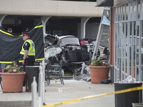 An Audi crashed into a Starbucks cafe on Calgary Trail near 53 Ave. killing three occupants on July 3, 2020.  Photo by