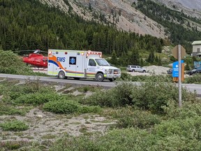 RCMP, EMS and STARS air ambulance respond to a off-road sightseeing vehicle rollover at the Columbia Icefield in Jasper National Park on Saturday, July 18, 2020. The incident resulted in three deaths and multiple injuries.