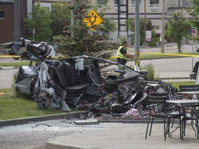 An Audi crashed into a Starbucks cafe on Calgary Trail near 53 Ave. killing three occupants on July 3, 2020.  Photo by Shaughn Butts / Postmedia