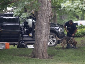 An RCMP officer works with a police dog as they move through the contents of a pick up truck on the grounds of Rideau Hall in Ottawa, Thursday July 2, 2020.
