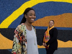 Rochelle Ignacio, left, co-organizer of Edmonton's first Black-owned outdoor market, and Nunu Deselgne, owner of Habesha African Market, pose for a photo in Edmonton July 24, 2020.