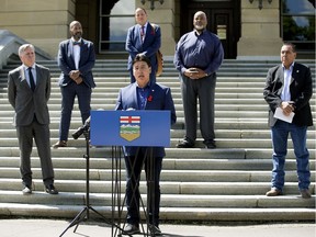 Treaty 8 Grand Chief Arthur Noskey calls for the firing of Jason Kenney's speechwriter, Paul Bunner, during a press conference outside the Alberta Legislature, July 6, 2020.