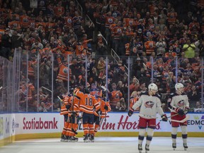 The Edmonton Oilers, celebrate their first period goal against the Columbus Blue Jackets at Rogers Place in Edmonton on March 7, 2020.