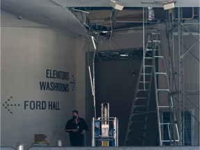 Cleanup is underway in Ford Hall at Rogers Place on Friday, July 17, 2020 after a  Thursday night thunderstorm damaged the building.