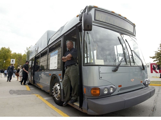 The fuel cell hybrid bus at the demonstration led by the Province of Manitoba and Hydrogenics Corporation at Red River College. The bus is powered by electricity produced by tranformed hydrogen.