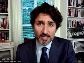 Screen capture of Prime Minister Justin Trudeau as he testified on the WE scandal on Thursday, July 30, 2020.