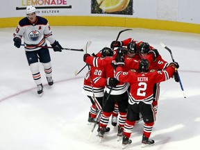 Edmonton Oilers forward Ryan Nugent-Hopkins looks on as the Chicago Blackhawks celebrate their game-winning goal in the third period of Game 3 of the Western Conference Qualification Round at Rogers Place on August 05, 2020.