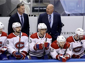Canadiens head coach Claude Julien looks on from the bench during the second period against the Philadelphia Flyers in Game 1 of the Eastern Conference first-round series at Scotiabank Arena on Aug. 12, 2020, in Toronto.