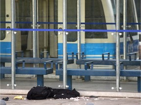 A backpack and jacket lay where a young man was stabbed while waiting on the platform of the South Campus LRT station in Edmonton on Sept. 18, 2018.