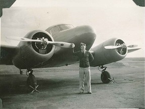 Second World War bomber pilot  Gord King is pictured beside his aircraft during the Second Word War. King, whose family and friends attended his celebration of life ceremony last week, was shot down over Germany in 1942 and imprisoned in Stalag 111, the German camp around which The Great Escape movie is centered. He helped manufacture an air pump which sent oxygen down to men digging a tunnel in sand 10 metres below ground.