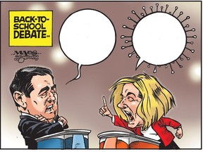 Covid fears dominate back-to-school debate between Jason Kenney and Rachel Notley. (Cartoon by Malcolm Mayes)