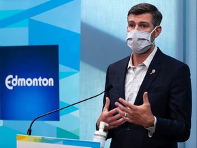 Mayor Don Iveson speaks during an update on the City's COVID-19 response at City Hall in Edmonton, on Thursday, Aug. 13, 2020. Photo by Ian Kucerak/Postmedia