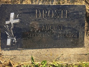 The gravestone of August Droste Gord that Steinke and his dad Ray nearly gave up looking for after searching hundreds of memorials in Luseland, Sask. Steinke stopped to take a photo of the sunset and looked down to see he was standing on the flat nearly overgrown-by-grass gravestone of his dad's uncle August.