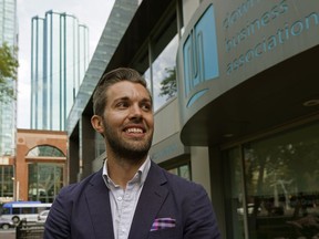 Downtown Business Association interim executive director Nick Lilley is seen in Downtown Edmonton on Aug. 20, 2020. Lilley says strategies from an annual research report will serve as a roadmap for where the association should be focusing and investing so the Downtown community can bounce back stronger following the pandemic.