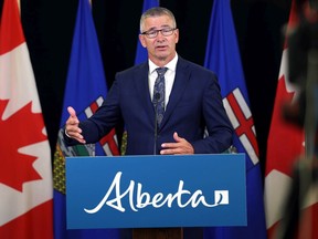 Finance Minister Travis Toews presents an overview of Alberta's fiscal situation from 2019-20 and the first quarter of 2020-21 on Thursday, Aug. 27, 2020.