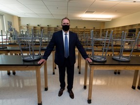 Principal Bryan Radmanovich at Lillian Osborne School in a lab that seats 35 students on Friday, Aug. 28, 2020.