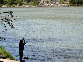 The north Saskatchewan River was on the choppy side Sunday as an angler fishes off the shoreline near Fort Edmonton Park in Edmonton, August 9, 2020. Ed Kaiser/Postmedia