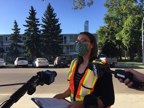 Jessica Lamarre, Director of Traffic Safety with the City of Edmonton speaks to media on Monday, Aug. 31 about traffic safety measures around schools as students prepare to return to class.