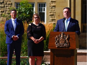 Alberta Premier Jason Kenney at the podium while announcing a cabinet shuffle on Tuesday, Aug. 25, 2020.