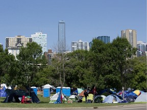 Camp Pekiwewin continues to grow in a parking lot west of ReMax Field, in Edmonton on Sunday Aug. 2, 2020. The river-valley campout was organized to help advocate for homeless Edmontonians.