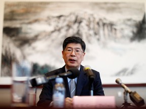 China's new ambassador to Canada Cong Peiwu speaks during a news conference for a small group of reporters at the Chinese Embassy in Ottawa, Canada November 22, 2019.
