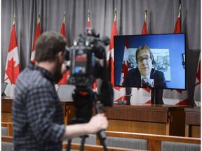 Minister of Environment and Climate Change Jonathan Wilkinson speaks via video link during a press conference on Parliament Hill in Ottawa on May 14, 2020. The federal government has announced it will join in an environmental assessment of a major expansion to proposed southern British Columbia coal mine. A spokeswoman for Environment Minister Jonathan Wilkinson says the decision was made after analyzing the potential of Teck Resources' Castle project to cause adverse effects within areas of federal jurisdiction.