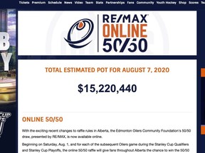 A screenshot of the Edmonton Oilers Community Foundation 50/50 jackpot for Friday, Aug. 7, 2020.