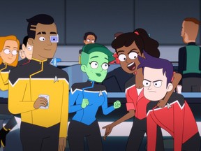 Eugene Cordero as Ensign Rutherford, Noel Wells as Ensign  Tendi, Tawny Newsome as Ensign Mariner and Jack Quaid as Ensign Boimler of Star Trek Lower Decks.