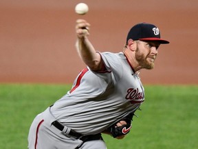 Stephen Strasburg of the Washington Nationals pitches against the Baltimore Orioles at Oriole Park at Camden Yards on August 14, 2020 in Baltimore.