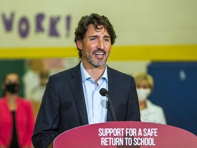 Canadian Prime Minister Justin Trudeau makes an announcement at Yorkwoods Public School in Toronto, Ont. on Wednesday Aug. 26, 2020.