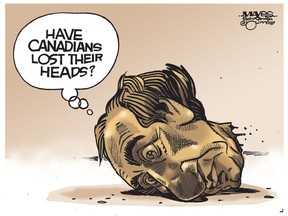 UPLOADED BY: Malcolm Mayes ::: EMAIL: mmayes@artizans.com ::: PHONE: 780-288-3542 ::: CREDIT: Malcolm Mayes ::: CAPTION: For Edmonton Journal use only. John A. Macdonald believes Canadians are losing their heads. (Cartoon by Malcolm Mayes)