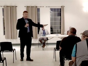 This is a screenshot from the live video MLA Shane Getson has posted on his Facebook page from a town hall meeting in Parkland village.